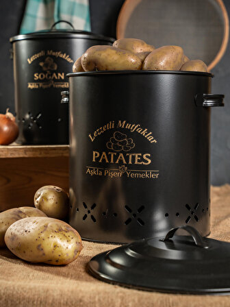 Metal Patates Soğan Kovası, Saklama Kabı İkili Set-Silindir Battal Boy (Lezzetli Mutfaklar-Aşkla Pişen Yemekler)