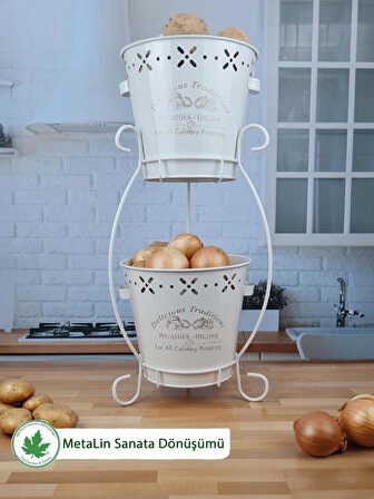 İki Katlı Konik Metal Patates Soğan Kovası, Saklama Kabı, Organizer, Sebzelik (Delicious Traditions Baskılı) LN1019
