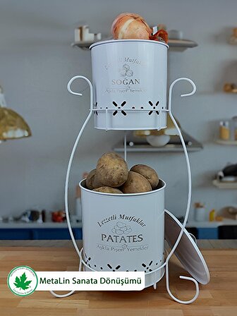 İki Katlı Silindir Metal Patates Soğan Kovası, Saklama Kabı, Sebzelik(Lezzetli Mutfaklar-Aşkla Pişen Yemekler Baskılı) LN1202