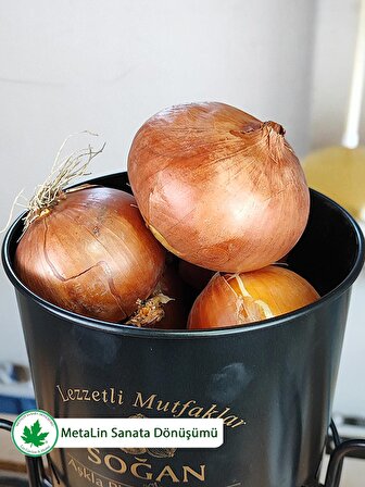 İki Katlı Silindir Metal Patates Soğan Kovası, Saklama Kabı, Sebzelik(Lezzetli Mutfaklar-Aşkla Pişen Yemekler Baskılı) LN1202