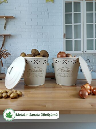 İkili Set Metal Patates Soğanlık, Patates Soğan Kovası, Saklama Kabı, Patates Soğan Sepeti (Traditions Baskılı) LN1021