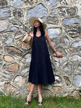 Lieta Boutique %100 Keten Kadın Siyah Elbise / Cepli / Doğa Dostu Sürdürülebilir Karışımsız Ham Keten Kumaş