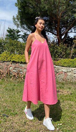 Lieta Boutique %100 Keten Kadın Pembe Elbise / Cepli / Doğa Dostu Sürdürülebilir Karışımsız Ham Keten Kumaş
