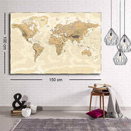 Detaytlı Renkli Dünya Haritası Kanvas Tablo