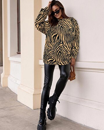 LENAY  Kadın Uzun Kollu Zebra Desen Süet Krep Oversize Bluz