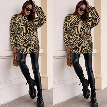 LENAY  Kadın Uzun Kollu Zebra Desen Süet Krep Oversize Bluz