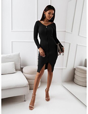 LENAY  Kadın Siyah Uzun Kollu V Yakalı Fermuarlı Yırtmaçlı Kaşkorse Midi Elbise