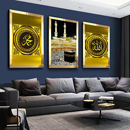 Kabe ve Allah Muhammed Lafzı Dini Gold Pleksi Kenar 3'lü Mdf Tablo Seti