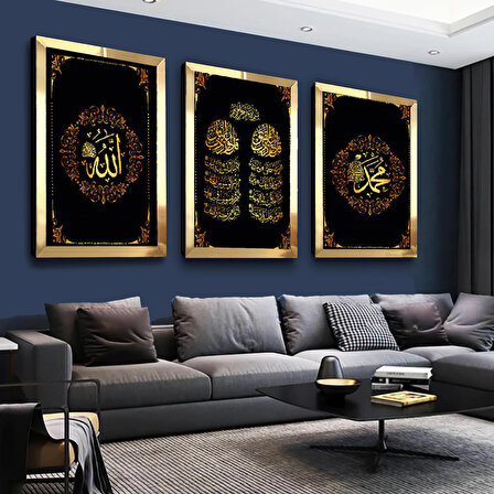 Allah Muhammed Lafzı Gold Pleksi Kenar 3'lü Mdf Tablo Seti