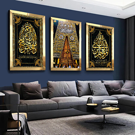 Kabe Kapısı Dini Gold Pleksi Kenar 3'lü Mdf Tablo Seti