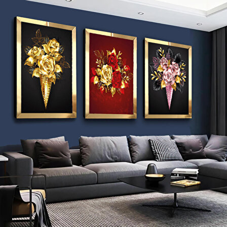 Renkli Çiçekler Gold Pleksi Kenar 3'lü Mdf Tablo Seti