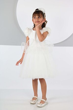LupiaKids Gül Detaylı Beyaz Kız Çocuk Abiye Elbise LP-23SUM-006
