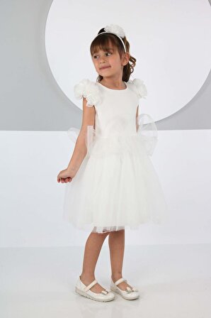 LupiaKids Gül Detaylı Beyaz Kız Çocuk Abiye Elbise LP-23SUM-006
