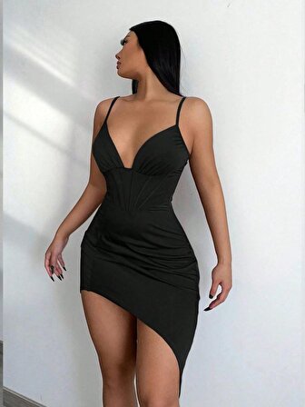 Laraa Giyim Kadın Sandy Kumaş Askılı Yırtmaç Detay Mini Elbise