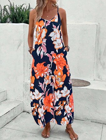 Laraa Giyim Kadın Cep Detaylı Askılı Çiçek Desenli Süprem Kumaş Elbise