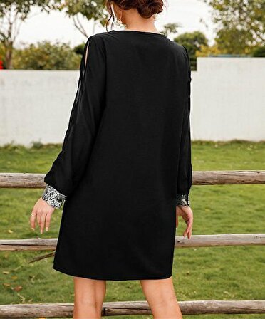 Kadın Siyah Uzun Kollu Kollar Tül Yırtmaçlı V Yakalı Kısa Krep Elbise