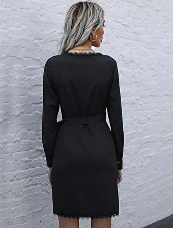 Kadın Uzun Kollu Pile Ve Güpür Detay Belden Bağlamalı Krep Elbise
