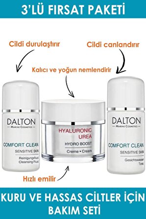 Dalton Marine Cosmetics Hassas ve Kuru Cilt için Temizleyici Hyaluronik Asit Yüz Temizleme Suyu & Tonik + Nemlendirici Krem 