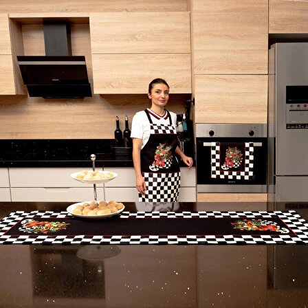 Mackenzie Dama Desenli 3'lü Mutfak Seti - Runner, Fırın Örtüsü ve Mutfak Önlüğü HEDİYELİK-LTD368