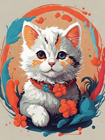Renkli Baskılı Sayılarla Boyama Hobi Seti (Çerçeveli) 40x50 cm: Kedicik