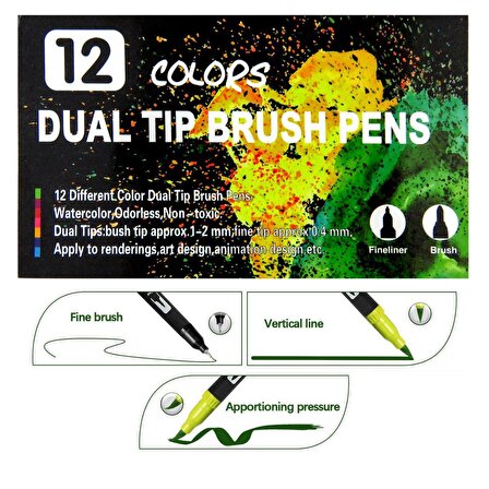 Art Elegant Çift Taraflı Fırça Uçlu Kalem 12 Renk