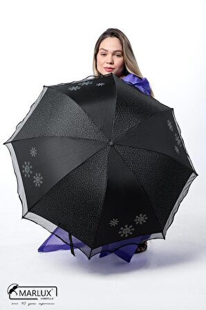 Siyah Kar Tanesi Taş Işlemeli Kadın Şemsiye M21mar382snr001
