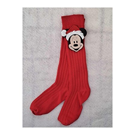 Çocuk Noel Şapkalı Mini Figürlü Diz Altı Kırmızı Çorap
