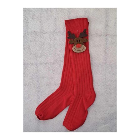 Çocuk Geyik Figürlü Diz Altı Kırmızı Çorap