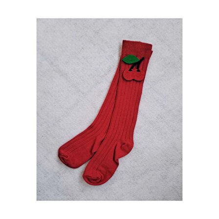 Çocuk Kiraz Figürlü Diz Altı Kırmızı Çorap
