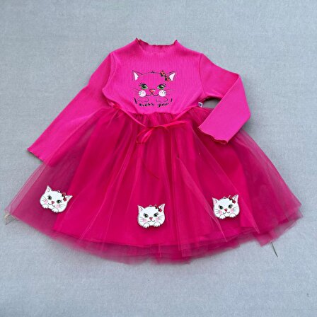 3-4-5 Yaş Minik Kedi Desenli Kurdela Kuşaklı Astarlı Kız Çocuk Tütü Elbise
