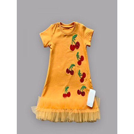 1-2-3 Yaş Payetli Kiraz Nakışlı Eteği Fırfırlı Jile Kız Çocuk Elbisesi