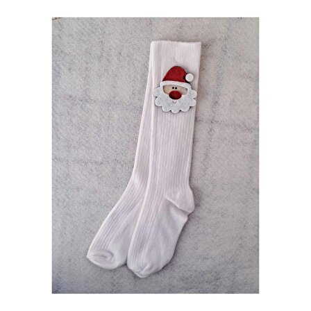 Çocuk Noel Baba Figürlü Diz Altı Beyaz Çorap