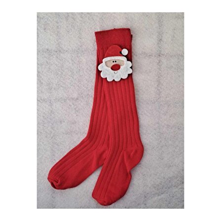 Çocuk Noel Baba Figürlü Diz Altı Kırmızı Çorap