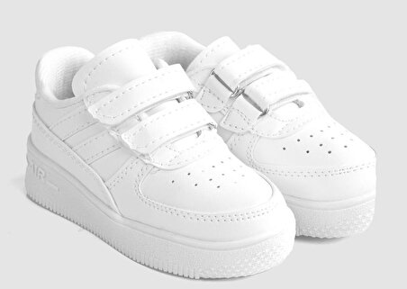Günlük Unisex Çocuk Şeritli Beyaz Sneaker Cırtlı Hafif Rahat Spor Ayakkabı 