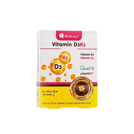 Vitamin D3K2 Vitamin D3 Ve Vitamin K2 İçeren Takviye Edici Gıda 400 Damla 20ml