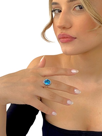 925 Ayar Oval Aquamarine Otantik Üst Kalite Gümüş Yüzük