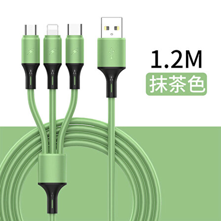 Native Audio 1.2 Metre 3 Uçlu (Micro USB, Type-C, Iphone) Yeşil Şarj Kablosu