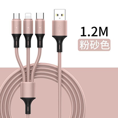 Native Audio 1.2 Metre 3 Uçlu (Micro USB, Type-C, Iphone) Pembe Şarj Kablosu