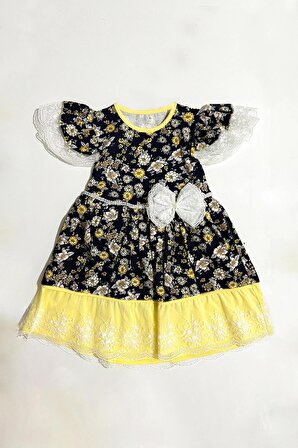 Dantel Detaylı Kurdeleli Çiçek Desenli Kız Bebek Güpürlü Elbise