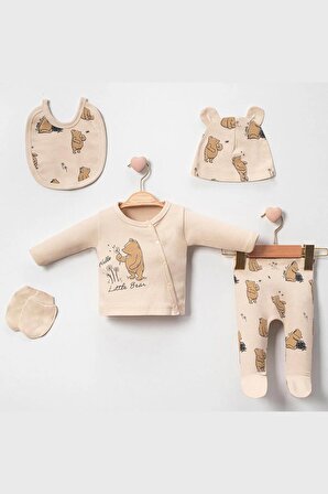Bebek hastane çıkışı takımı %100 Pamuk Organik kumaş Yenidoğan Erkek Bebek 5'li hastane çıkışı zıbın seti - Hello Little Bear