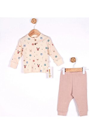 Modam Bebek Erkek Bebek Desenli Uzun Kollu Organik Pamuklu Pijama Takım