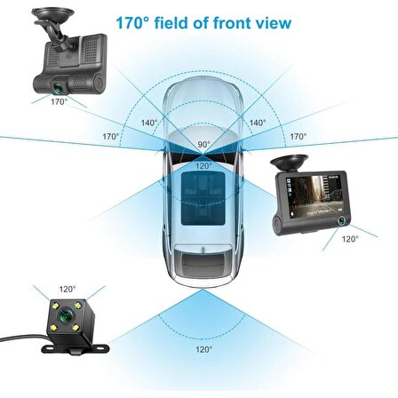 3 Kameralı 1080P Yol Kayıt Araç Kamerası(Türkçe Menü+Geri Görüş+G-Sensör)Üç Kameralı Araç Kamera