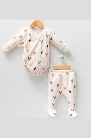 Modam Bebek  Kalp Desenli Önden Çıtçıtlı Ayaklı Pijamalı Kruvaze 2'Li Takım 