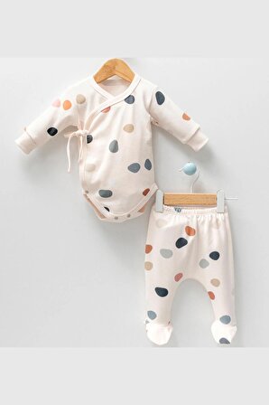 Modam Bebek Puanlı Önden Çıtçıtlı Ayaklı Pijamalı Kruvaze 2'Li Takım 
