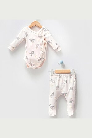 Modam Bebek  Unicorn Natural Önden Çıtçıtlı Ayaklı Pijamalı Kruvaze 2'Li Takım 