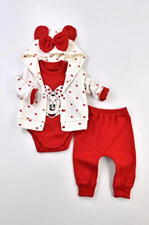Modam Bebek Mini Fare Baskılı Hırkalı Kalpli 3Lü Kız Bebek Takım