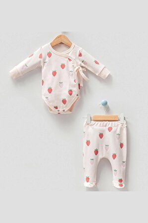 Modam Bebek Çilek Desenli Önden Çıtçıtlı Ayaklı Pijamalı Kruvaze 2'Li Takım 
