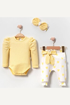 Modam Bebek Karpuz Kol 3'lü Kız Bebek Takım-Kalp Baskılı
