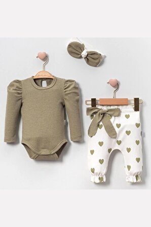 Modam Bebek Karpuz Kol 3'lü Kız Bebek Takım-Kalp Baskılı