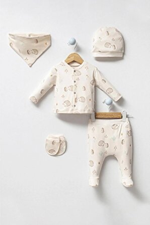 Bebek Hastane çıkışı takımı Organik kumaş Yenidogan Bebek Hastane cikisi 5'li Set zıbınlı - Kirpi desenli